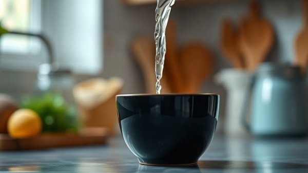 Pouring hot water into a black cup in a kitchen setting