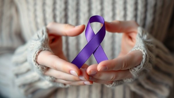 Hands holding purple ribbon for cancer awareness.