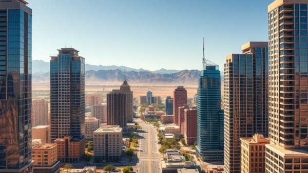 Vibrant cityscape highlighting urban architecture near mountain landscape.