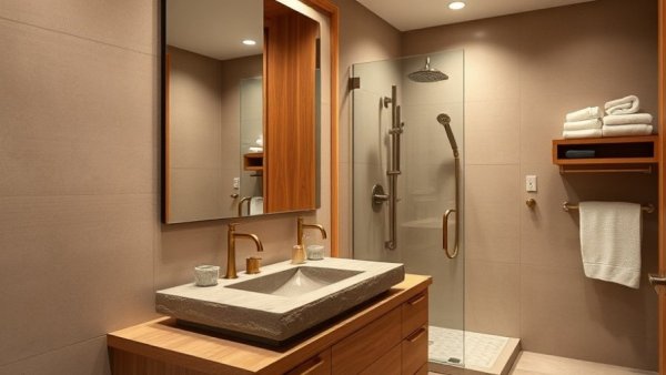 Contemporary bathroom showcasing 2026 trends with natural materials and warm lighting.