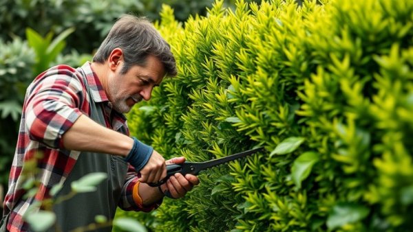 Gardener performing hedge trimming, showcasing essential techniques for hedge care.