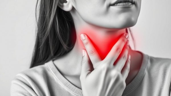 Monochromatic image highlighting hypothyroidism symptoms with red throat area.