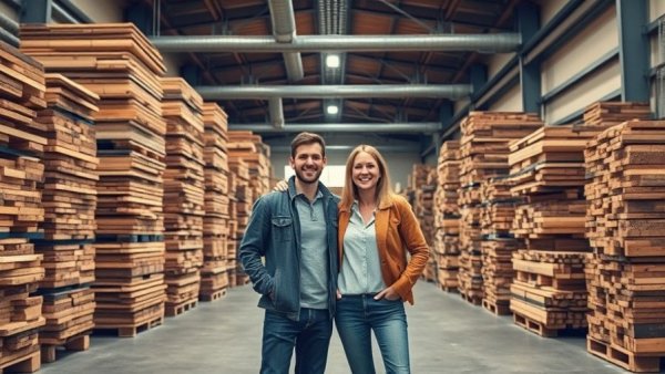 Two people in warehouse with reclaimed wood for guest cottage.