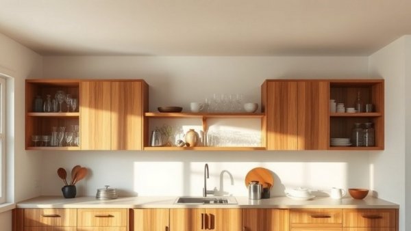 Minimalist kitchen design with wooden cabinets, shelves, and countertops featuring remodeling elements.