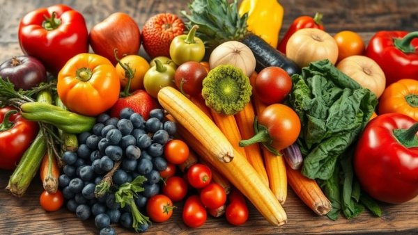 Colorful fresh fruits and vegetables for cancer prevention.
