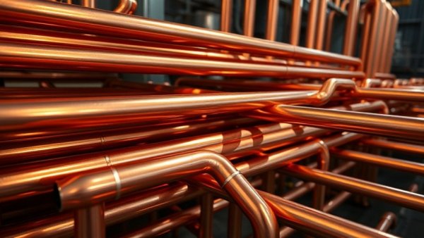 Copper pipes reflecting light highlighting construction materials costs increase.