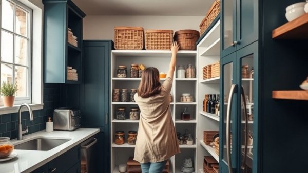 Modern pantry showcasing organization trends with woman accessing items.