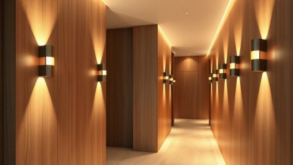 Elegant hallway in modernist ski house renovation with warm wood and soft lighting.