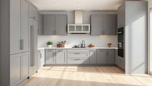 Trendy 2026 kitchen with gray shaker cabinets and geometric tiles.