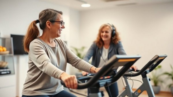 Medical health consultation with senior woman exercising under guidance.