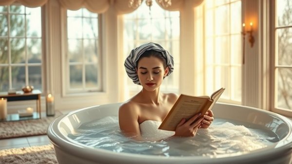 Elegant winter skin care bath scene with woman reading in a tub.