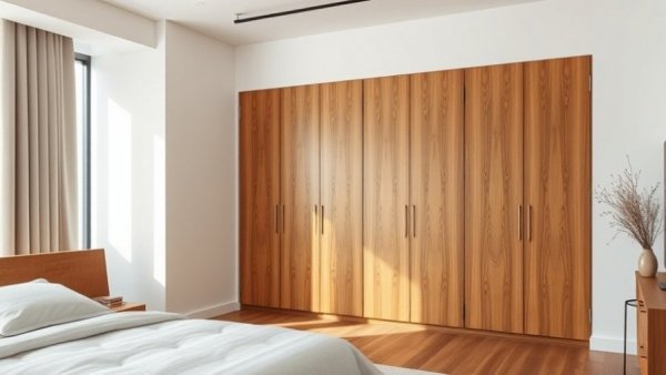 Sleek minimalist bedroom with wooden closets and yellow bedspread.