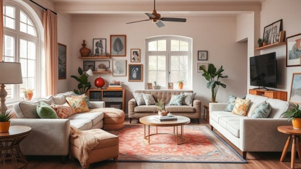 Eclectic living room featuring cozy faux fur blankets, colorful decor.