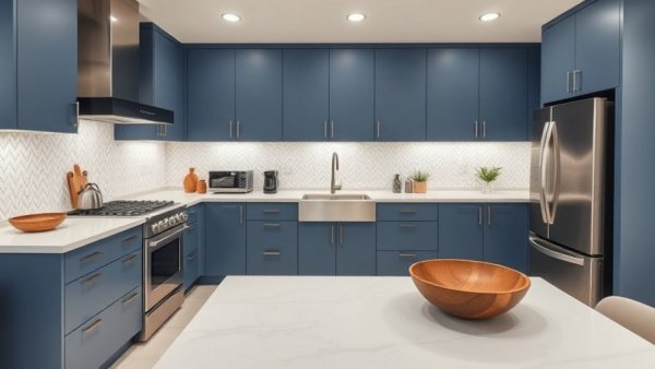 Contemporary kitchen design showcasing blue cabinets and appliances.