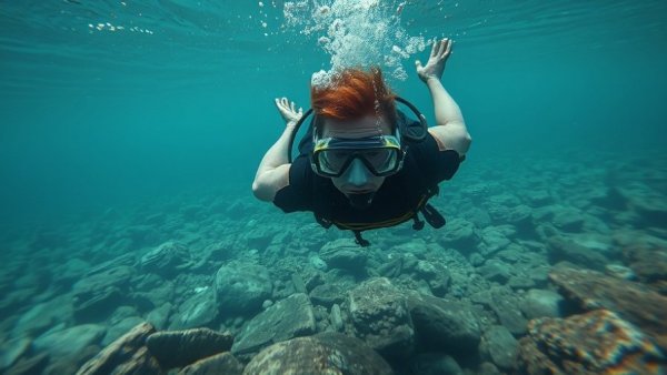 Healing Power of Diving: Diver exploring underwater world, clear rocky waters.