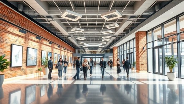 Modern office lobby showcasing sleek design and geometric lighting.