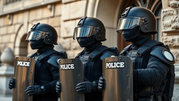 Riot police in black gear standing vigilant, protect mental health viewing violent videos.