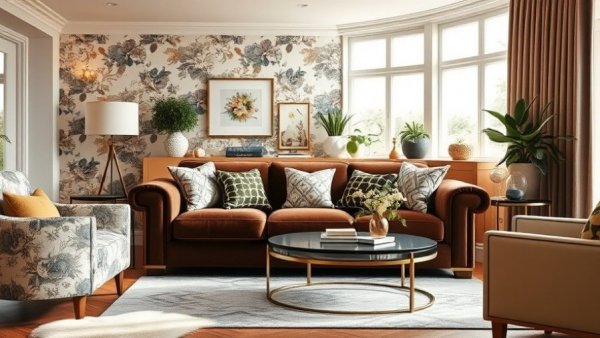 Trendy living room with velvet sofa and floral wallpaper, home decor trends 2026.