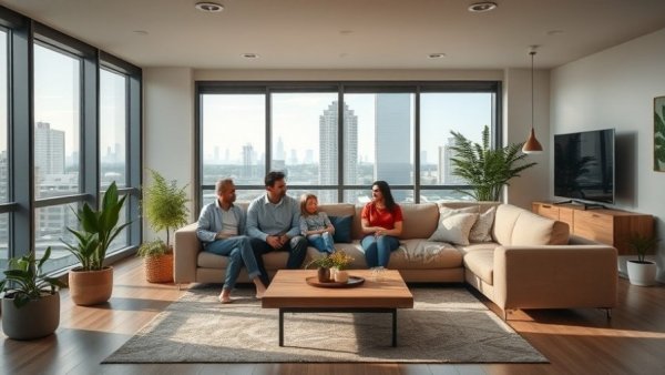Cozy family room with modern decor and gray vinyl flooring.