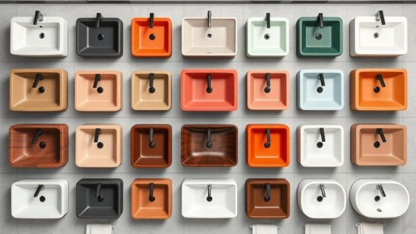 Colorful bathroom sinks in modern shapes and earthy tones arranged in a grid.