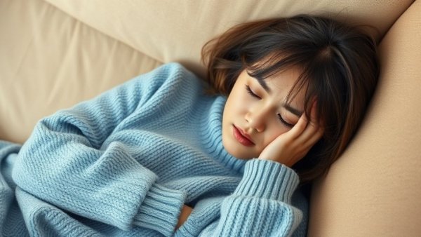 Woman in blue sweater lying on couch, illustrating PCOS discomfort.