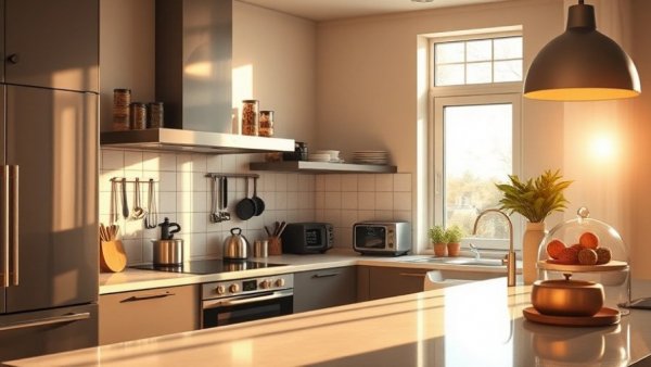 Sleek contemporary kitchen with soft natural lighting.