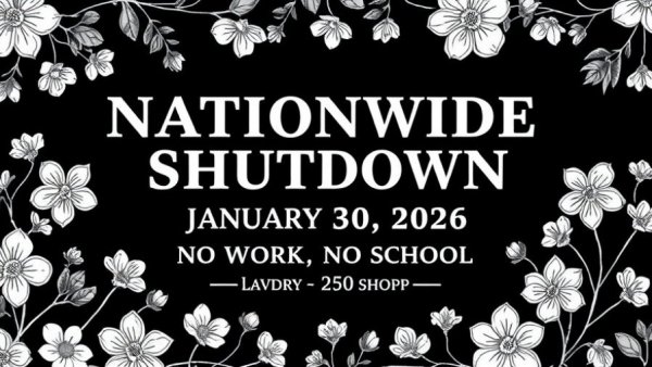 Nationwide shutdown poster emphasizing activism and constitutional rights.