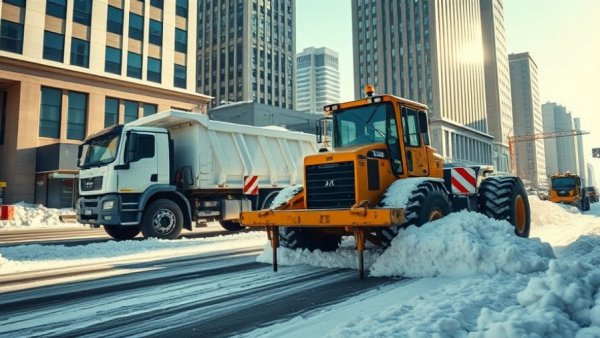 Construction equipment clearing snow in urban area, nonresidential context.