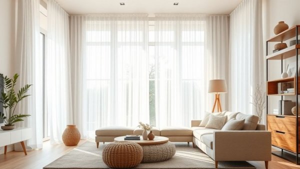 Modern living room with affordable long curtains in natural light.