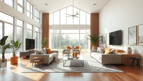 Bright and contemporary living room with large windows and modern design.