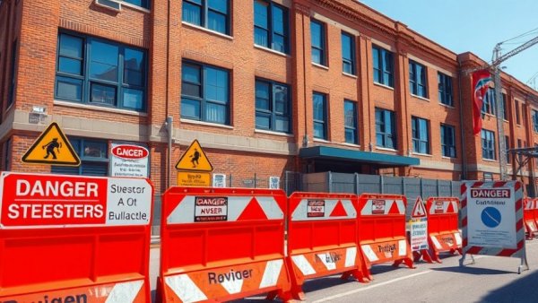 Construction site at brick building, home remodeling service scene