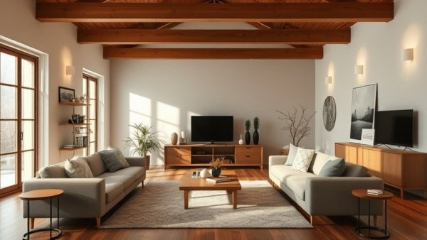 Modern minimalist living room with a Básica Table Lamp, cozy seating.
