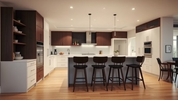 Modern kitchen with dark wood stools and white cabinets, kitchen remodeling.