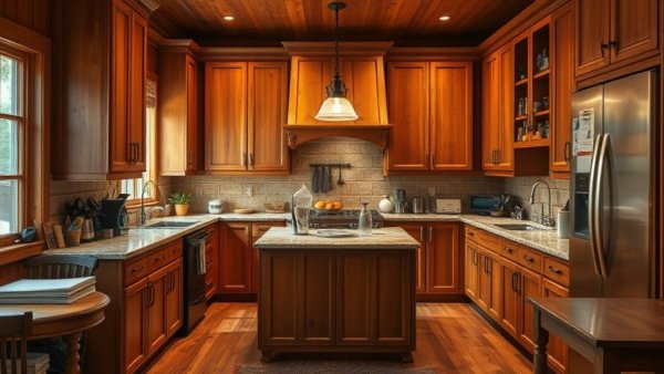 Traditional kitchen before remodeling with wood cabinets and island.