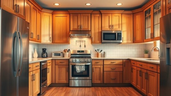 Warm kitchen with wooden cabinets and modern appliances.
