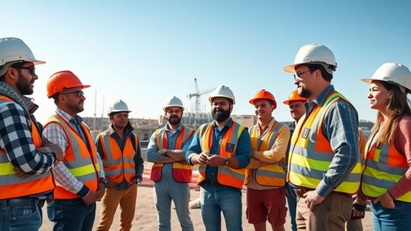 Diverse construction workers upskilling in English, open site discussion.