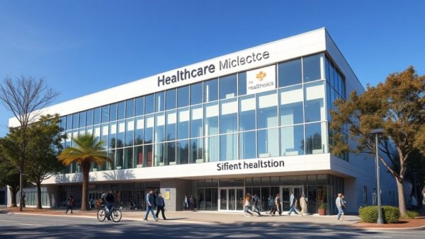 Contemporary building exterior with landscaping and blue sky.