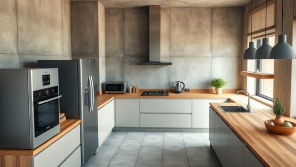 Modern kitchen remodeling with minimalist design, wooden countertops, and industrial elements.