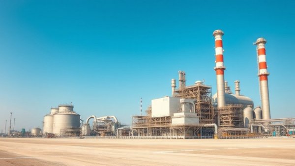 North Dakota gas plant landscape with blue skies and infrastructure.
