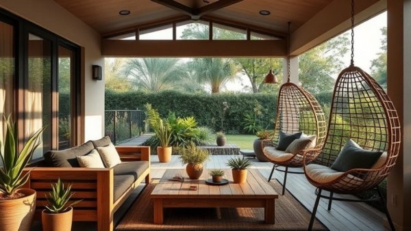 Outdoor patio scene for Presidents Day home decor sales.