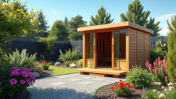 Serene backyard with sauna and greenery on a sunny day.