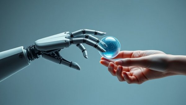 Futuristic robotic and human hand interaction showcasing advanced technology.