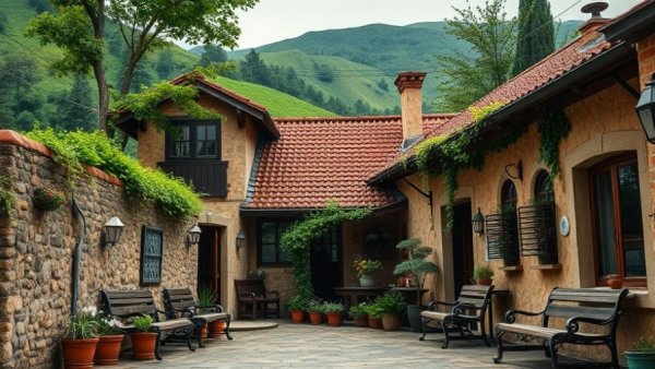 Charming rustic guesthouse with vintage design in lush setting.