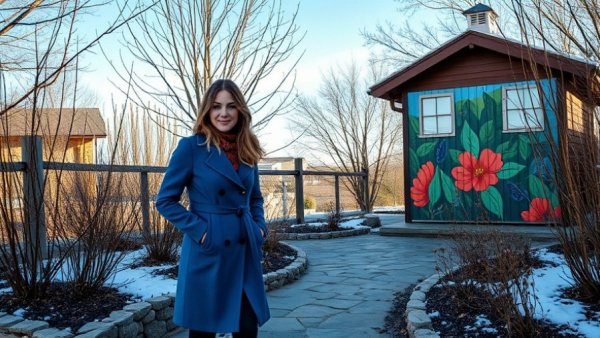 Winter landscaping garden path with woman walking.
