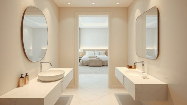 Luxury marble bathroom design with sleek decor and cozy bedroom access.
