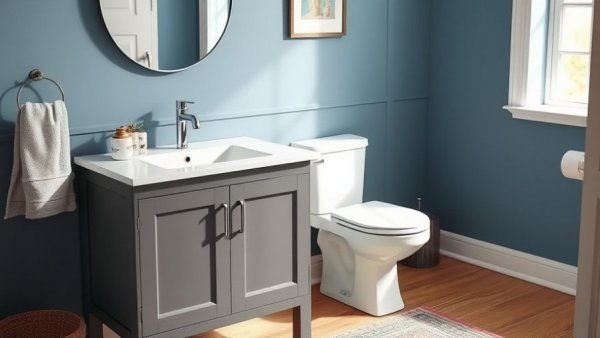 Modern bathroom with Wayfair Verified furniture including a gray vanity.