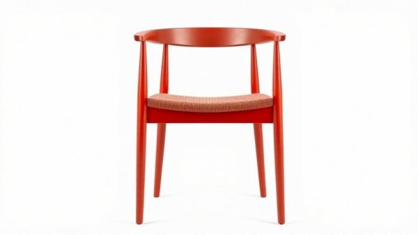 Sleek red dining chair with woven seat, minimalist design.