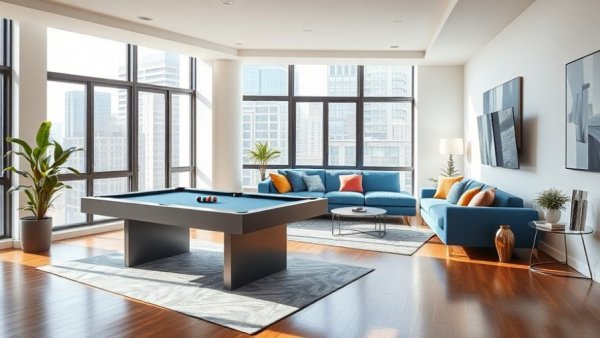 Modern NYC living room with pool table and cozy decor.