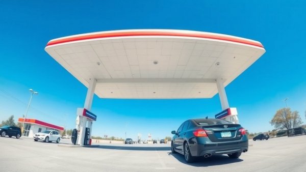 Modern gas station with cars under a blue sky.