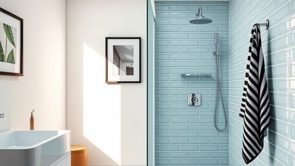 Modern bathroom with black striped towel and blue tiled shower.
